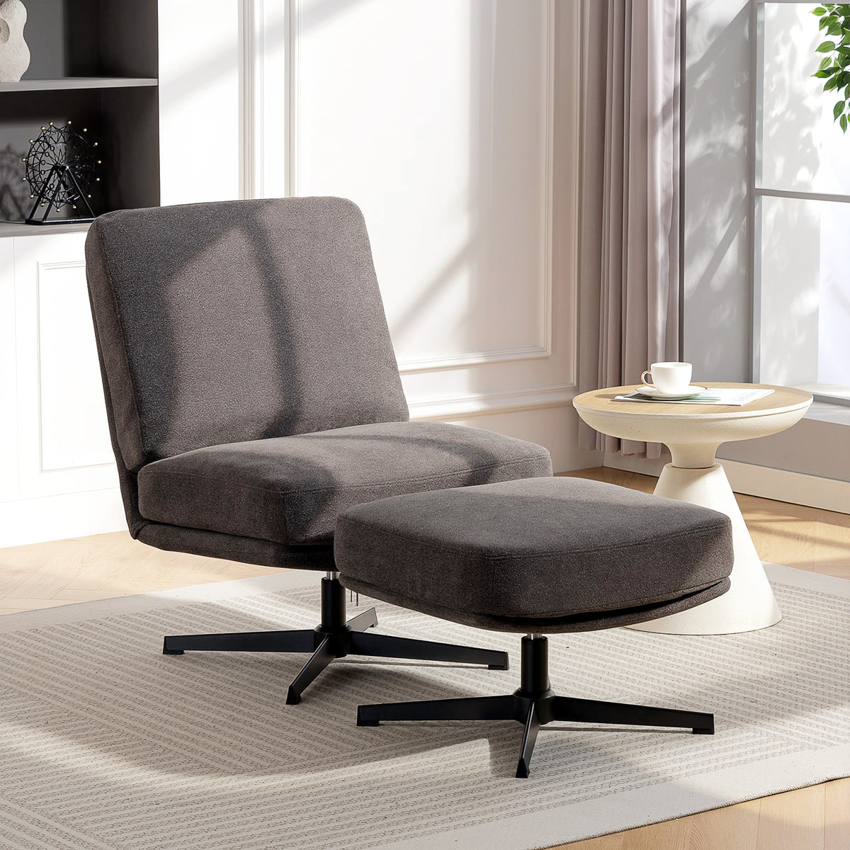 Fauteuil met voetenbank draaibaar loungestoel met linnenlook voor woonkamer donkergrijs (2)