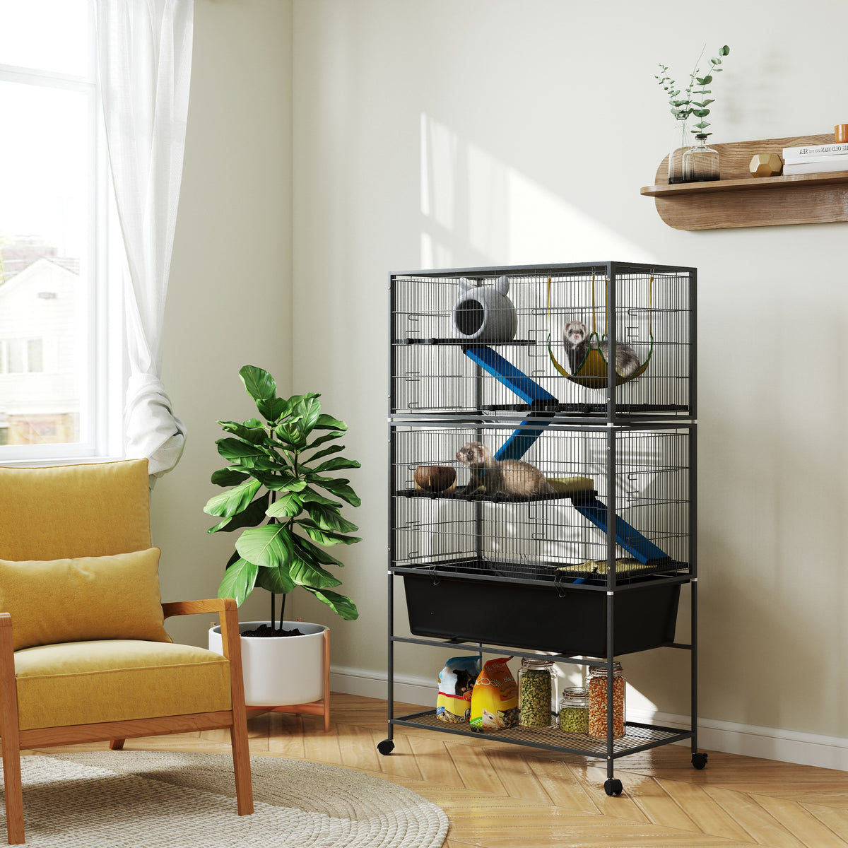 Knaagdierkooi, huisdierkooi met 5 niveaus, antisliphellingen, hangmat, 88 x 48 x 150,5 cm, donkergrijs (2)