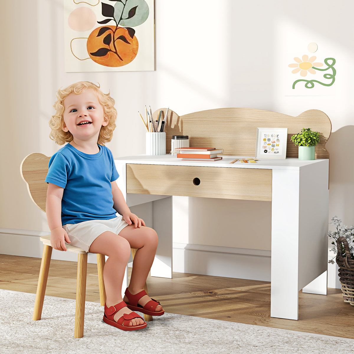 Kinderbureau-set, werktafel en stoel in berenvorm, lade, om te schrijven en te knutselen, 3-8 jaar, natuurlijk (2)