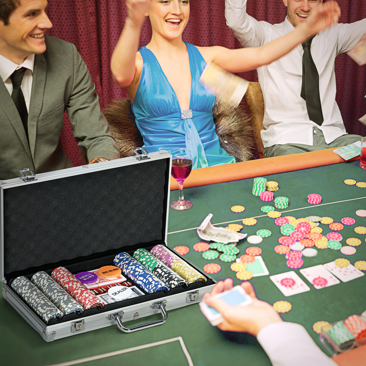 Casino-accessoires en chips pokerset met chips, pokerkoffertje, incl. onderlegger, set met 300 chips, 2 (2)