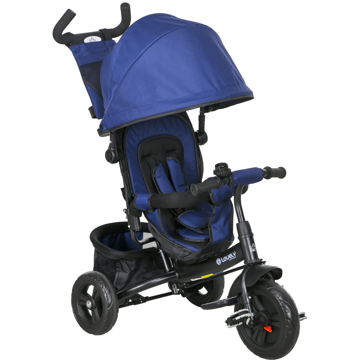 Driewieler voor kinderen, kinderfiets, mandje, bekerhouder, zonnekap, metaal, donkerblauw