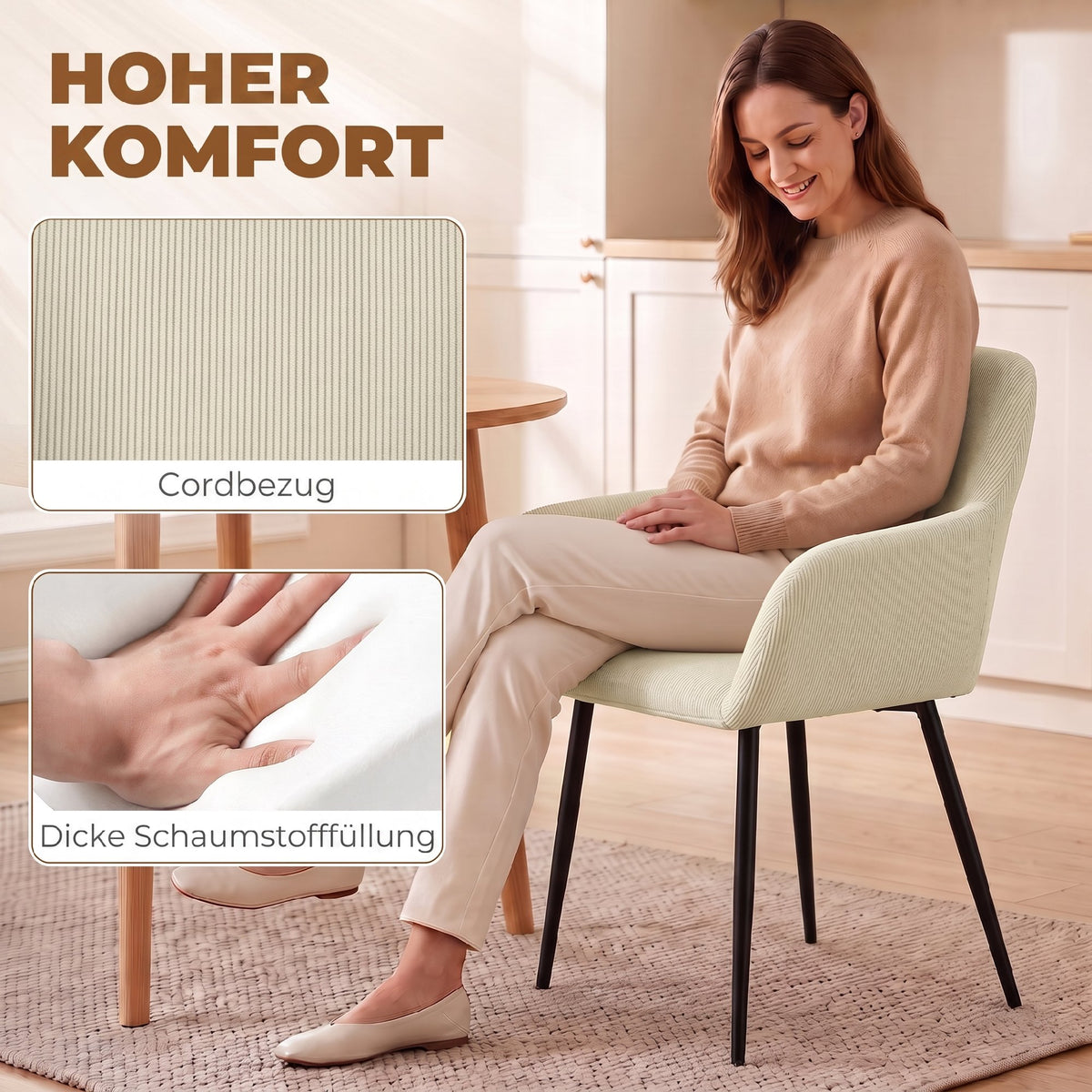 Eetkamerstoelen set van 2, gestoffeerde keukenstoelen met metalen poten, crèmewit (5)