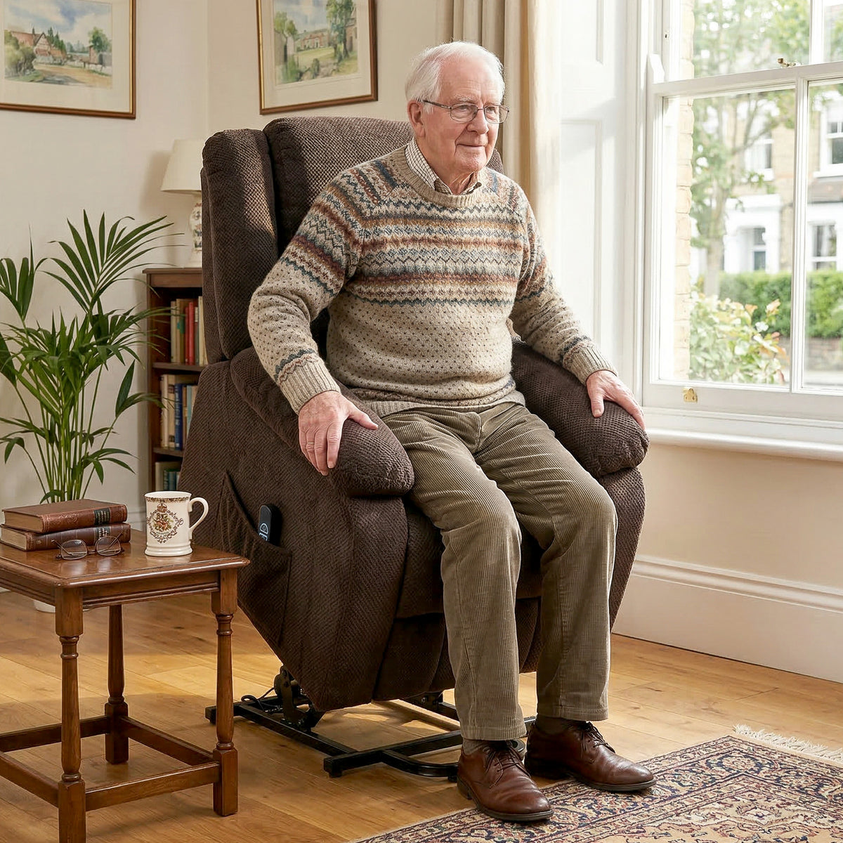 Sta-opstoel met zachte bekleding, relaxfauteuil met afstandsbediening en zijvakken, bruin (2)