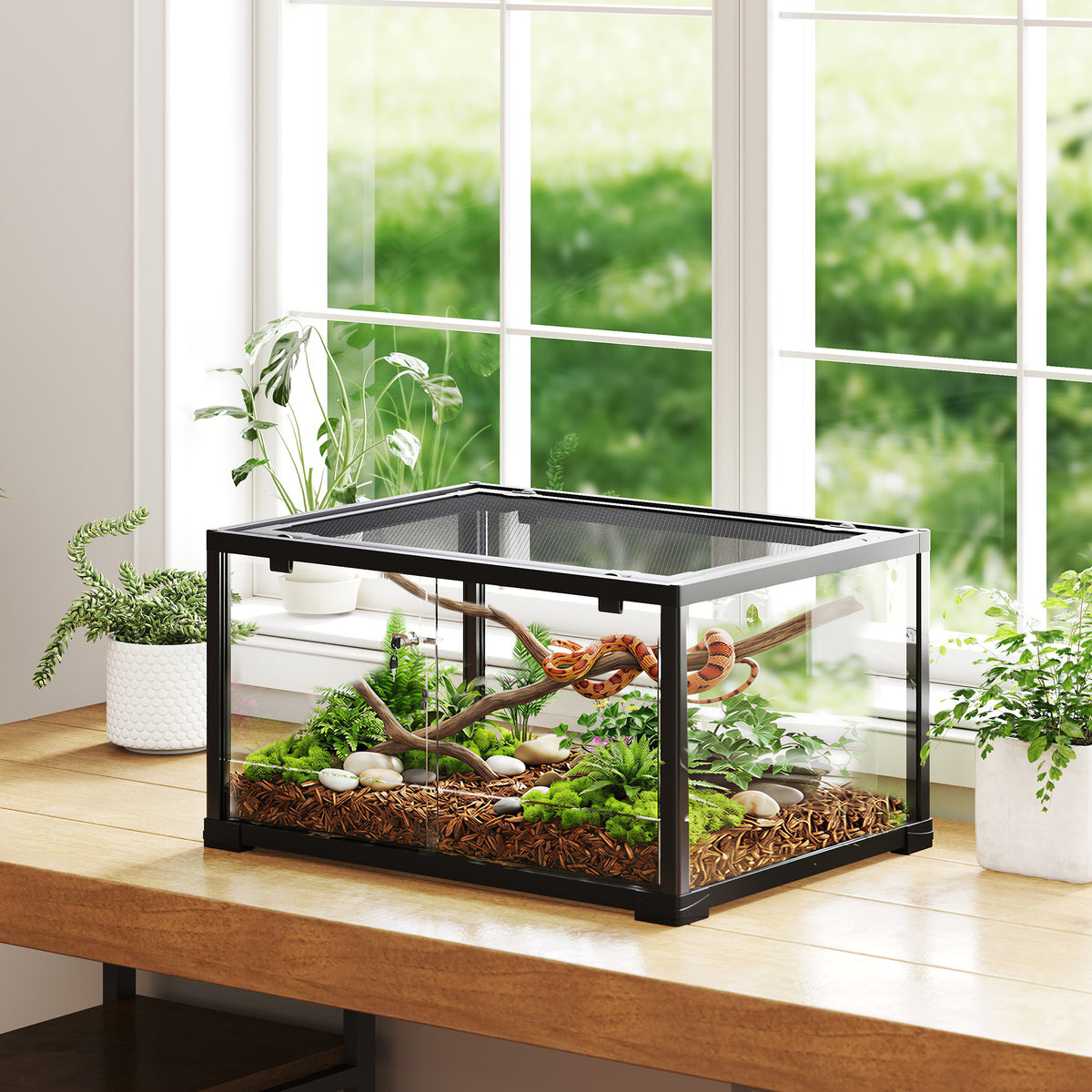Reptielenterrarium, 86 liter vivarium met schuifdeur, afsluitbaar, voor hagedissen, insecten, spinnen, gekko's (2)