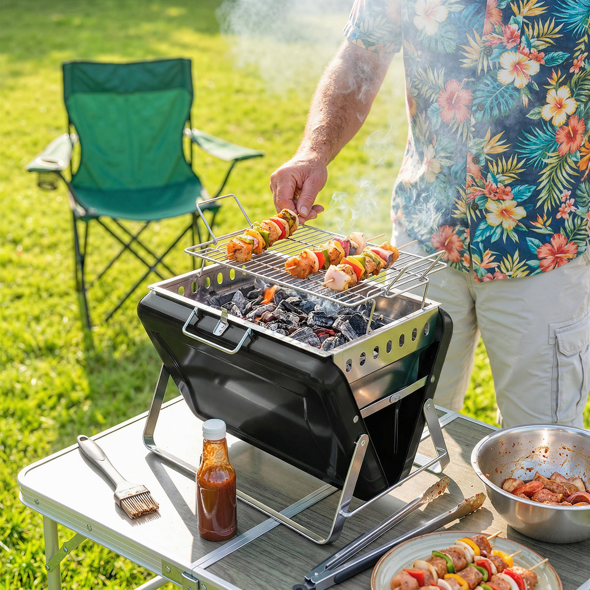 Houtskoolbarbecue van roestvrij staal BBQ-smoker met grillrooster handgreep en inklapbare poten voor barbecueën (2)