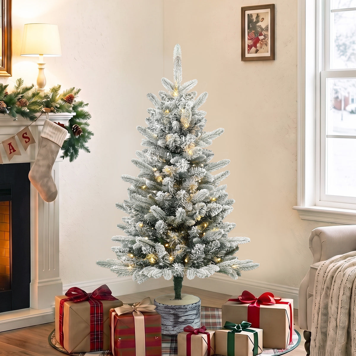 Kunstkerstboom, 90 cm kerstboom met 50 ledverlichting, 240 takpunten, kunstsneeuw, magnesiumoxide voet (2)