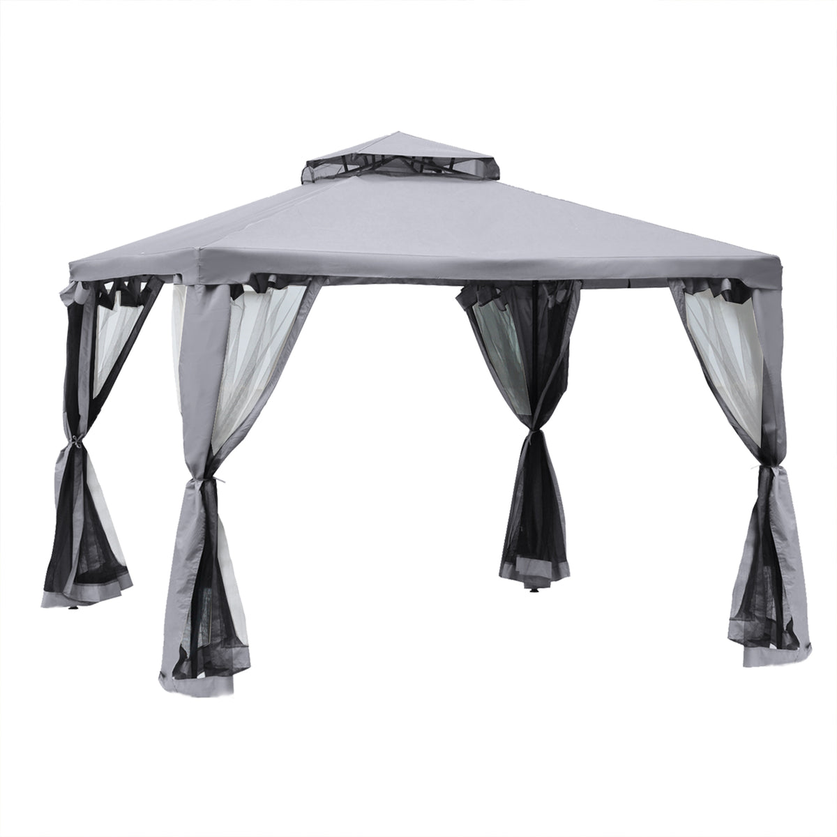 Paviljoen met dubbel dak, ca. 3x3 m met klamboe, zijpanelen tuinpaviljoen van metaal lichtgrijs