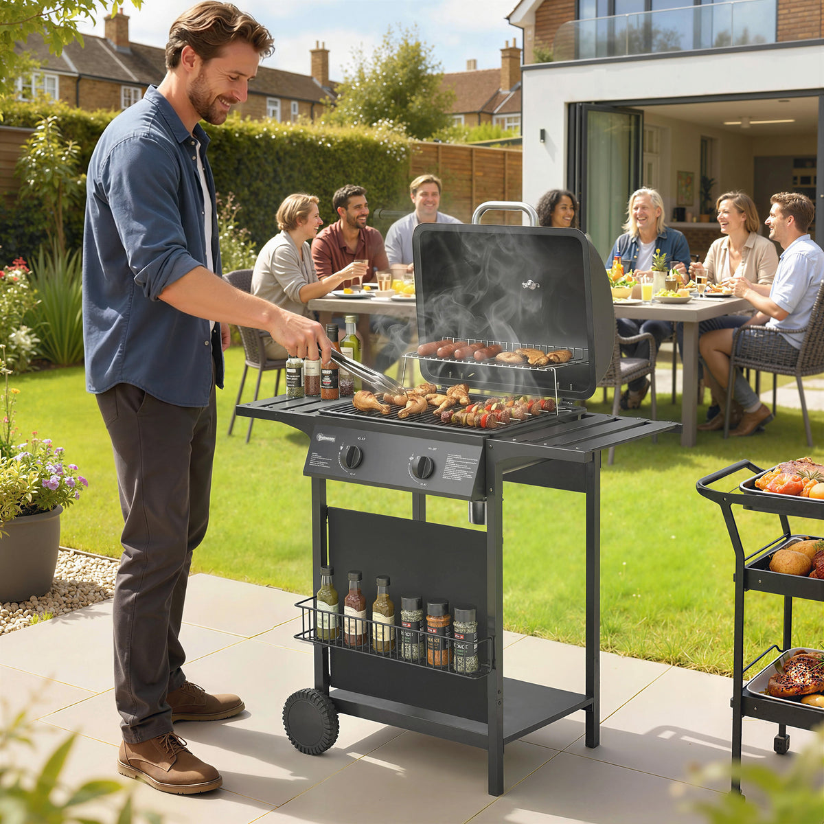 Gasbarbecue 5 kW 2 branders BBQ grillwagen roestvrij staal incl. zijtafel, ondermand, frontafdekking (2)