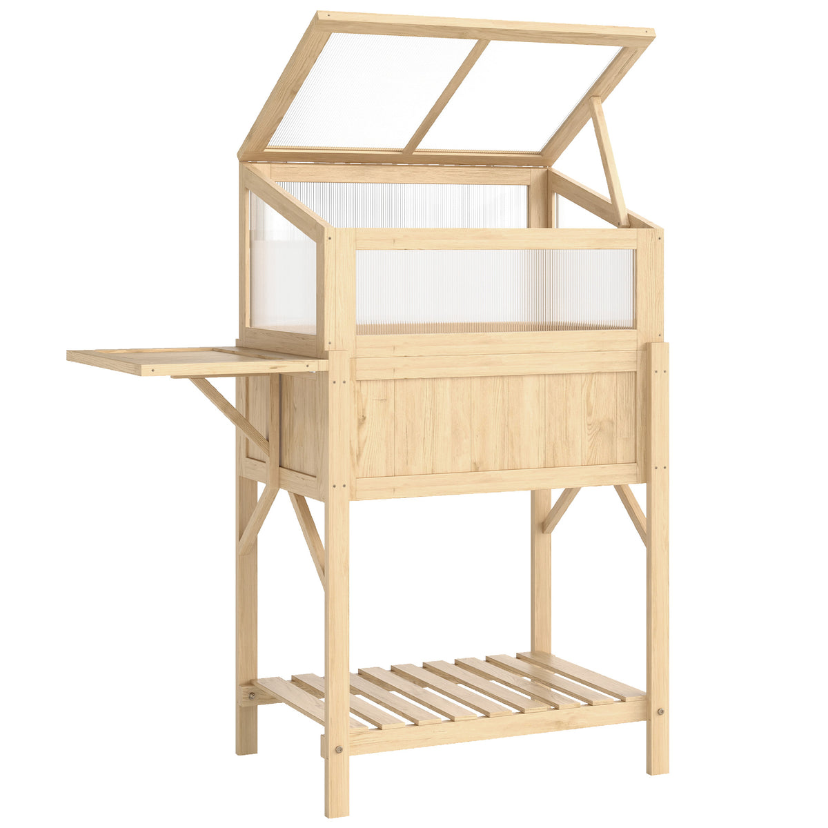 Verhoogd kweekbed met broeikasopzetstuk van hout, plantenbak met kas, inklapbaar, zijtafel, opbergvak