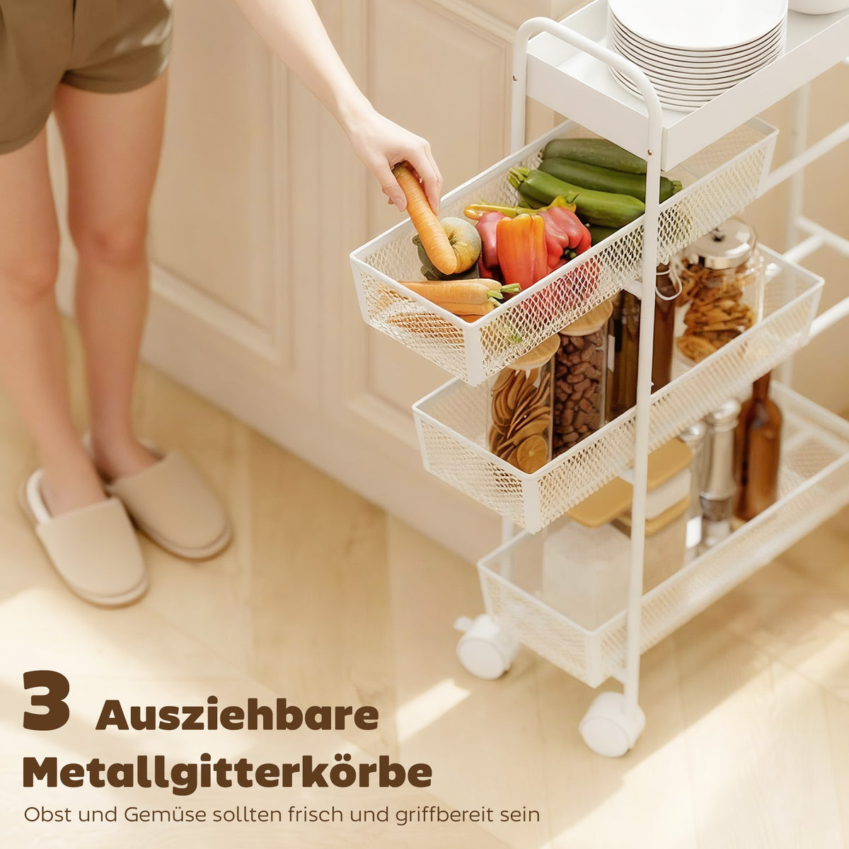Keukenwagen van metaal, 3 manden, smal design, 4 wielen, voor keuken, woonkamer, badkamer, wit (4)
