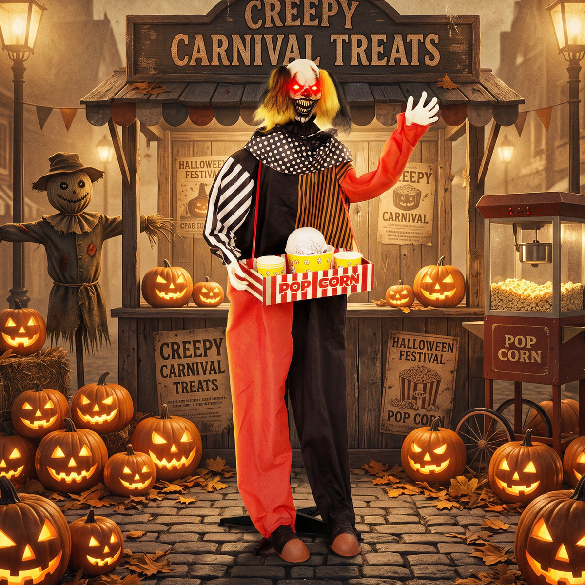 Geanimeerde Halloween-popcornclown met omhoogschietend hoofd, griezelig geluid, kermis-muziek en oplichtende (2)