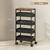 5-traps keukenwagen, houtlook, verrijdbaar, metalen frame, 4 lades, zwart (3)