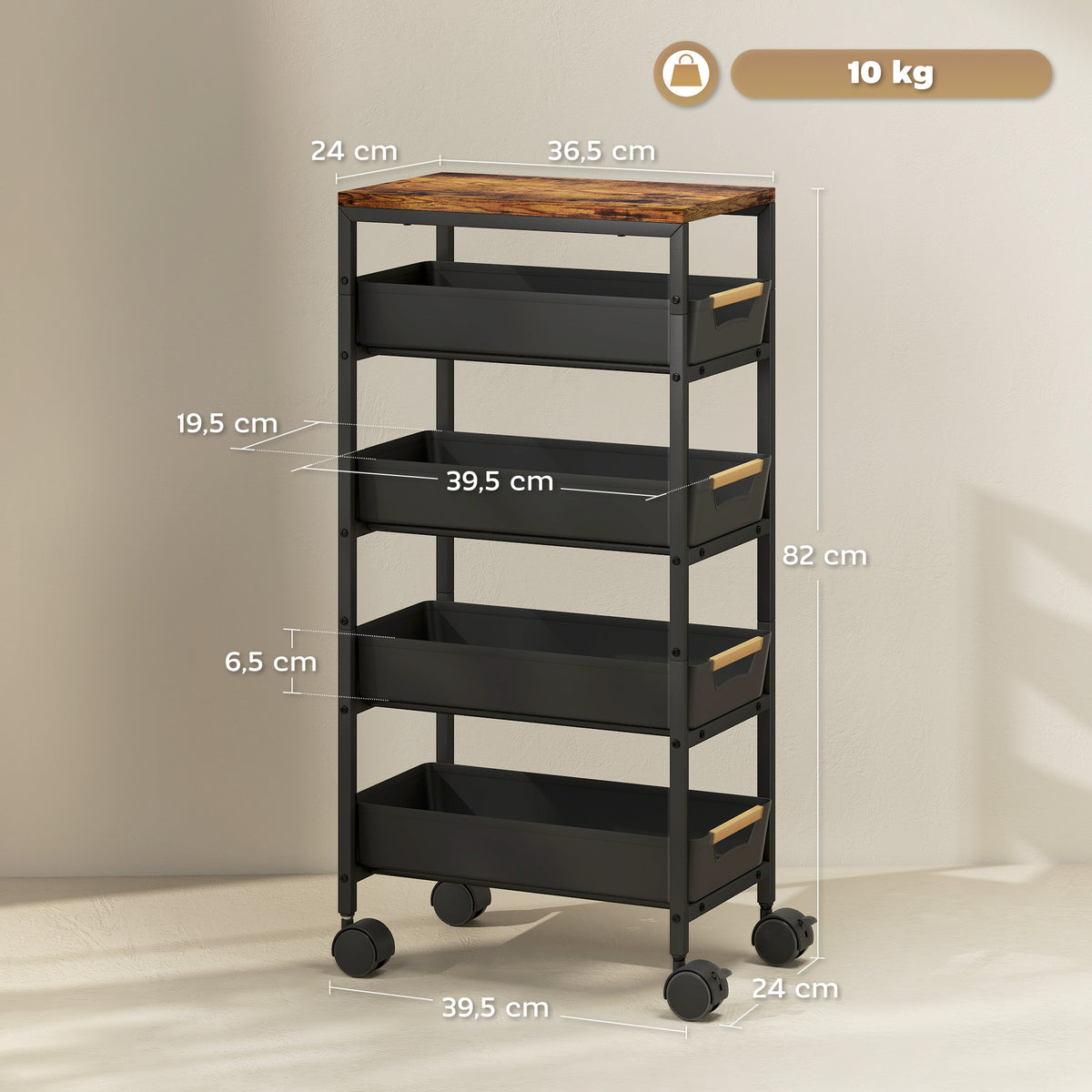 5-traps keukenwagen, houtlook, verrijdbaar, metalen frame, 4 lades, zwart (3)