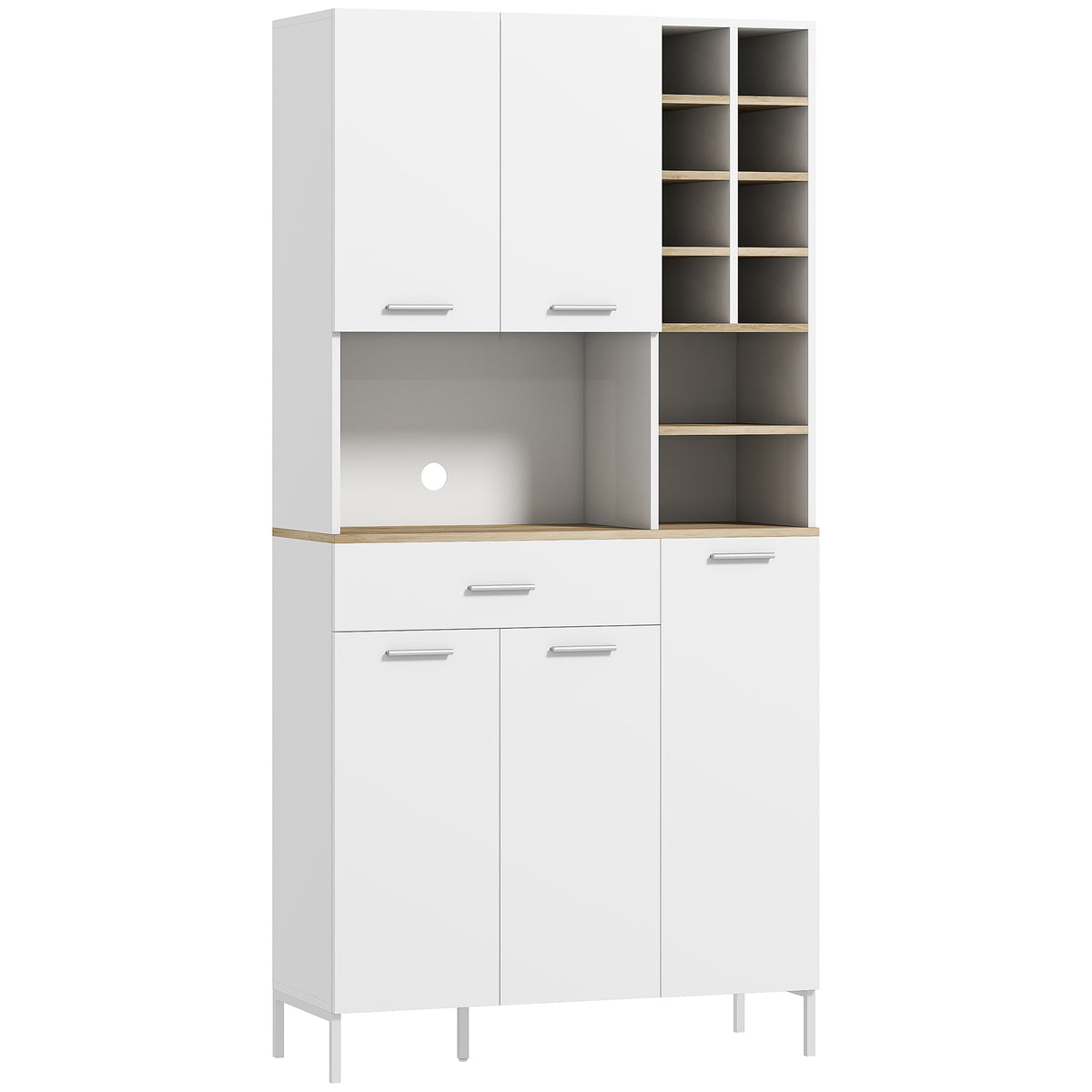 Keukenkast met open planken, vakken, wijnrek, voorraadkast met 5 kastdeuren, MDF, wit