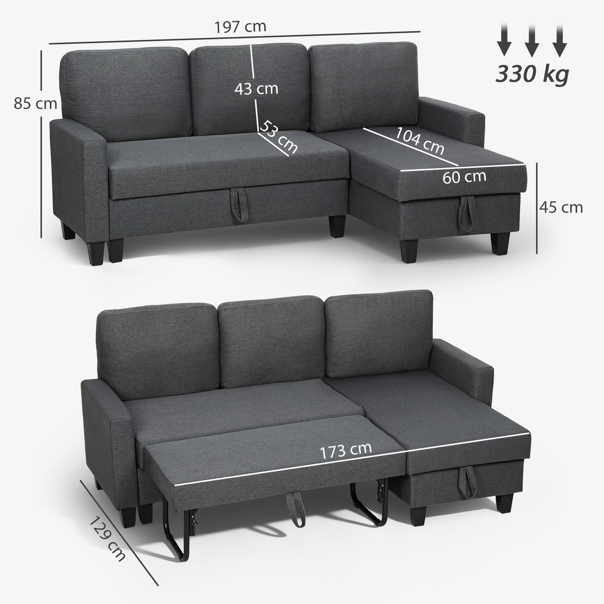 Hoekbank met slaapfunctie en opbergruimte, L-vorm slaapbank met verstelbare chaise longue, voor appartement en (3)