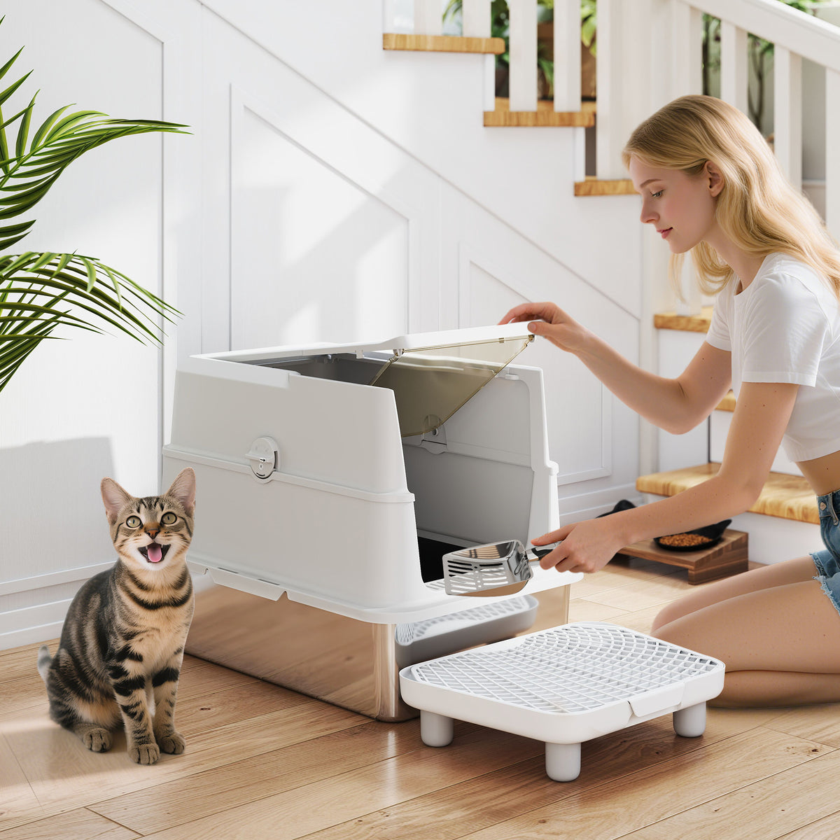 Kattenbak, roestvrij staal, XL-binnenruimte, met schep, lichtgrijs (2)