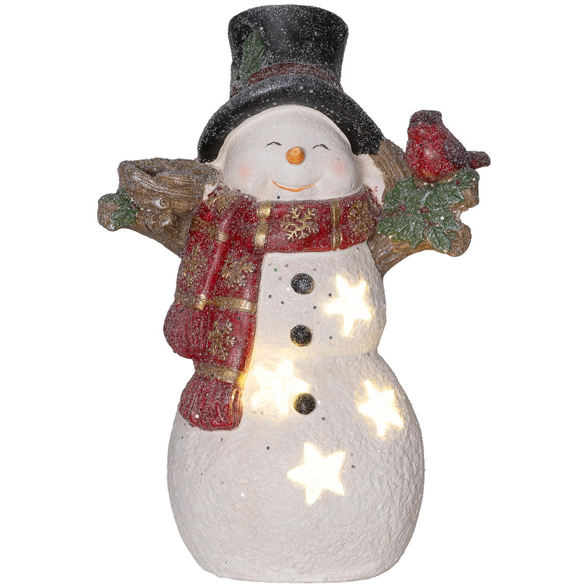 Kerstdecoratie, sneeuwpop met vogel, 4 warmwitte leds, op batterijen, 25 x 15,5 x 38 cm
