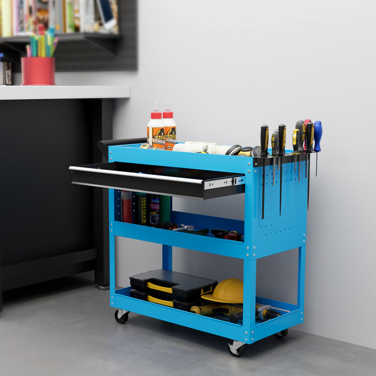 Gereedschapskoffer gereedschapstrolley gereedschapsbox, 3 niveaus, 4 wielen, 82 cm x 35 cm x 76 cm, blauw (2)