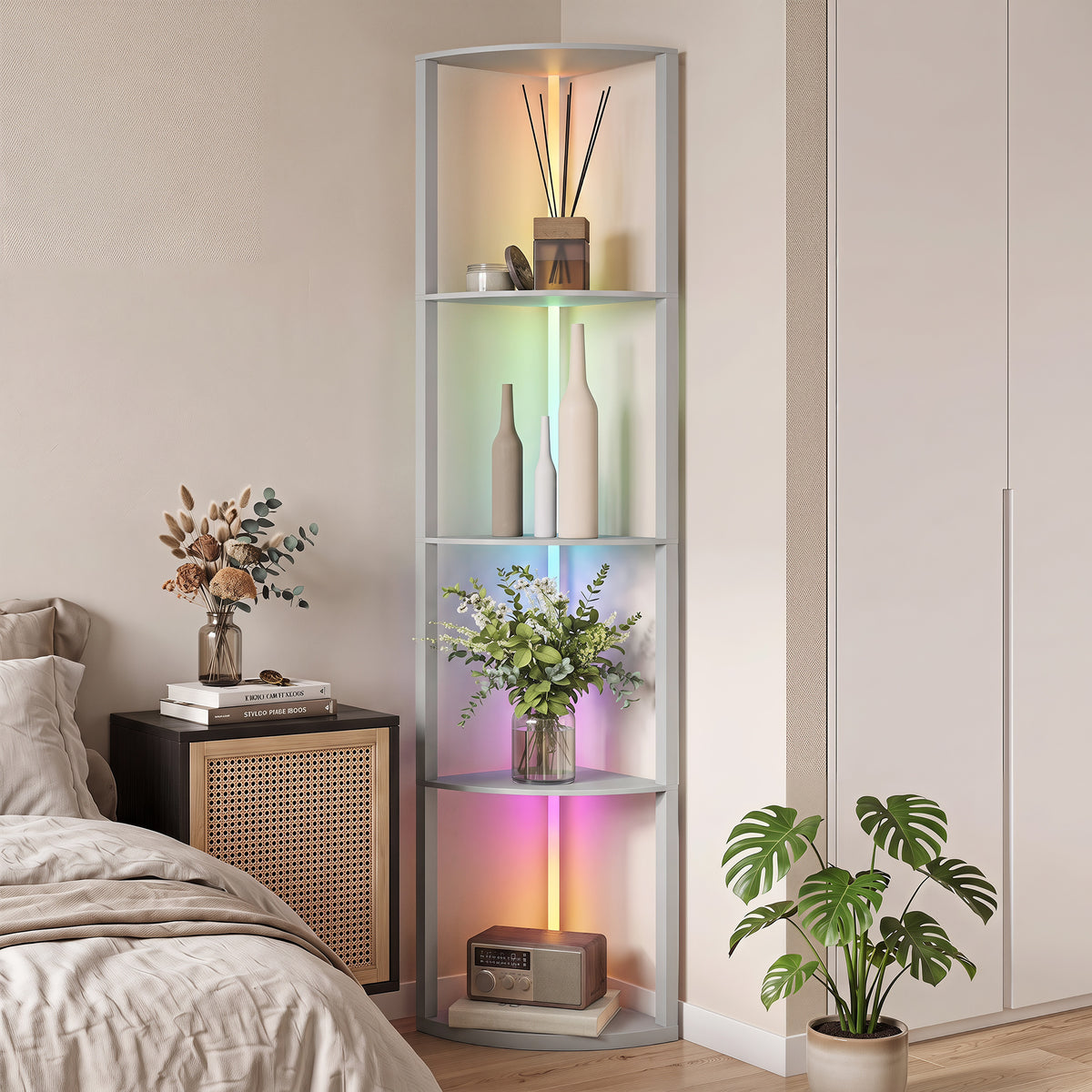 LED-vloerlamp, 5-traps dimbare vloerlamp met plank, RGB-kleurverandering, afstandsbediening (2)