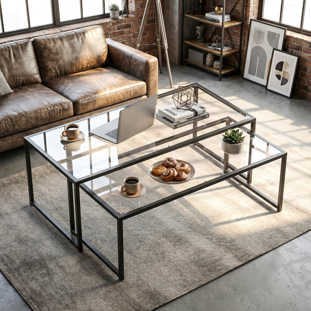 Set van 2 salontafels, glazen tafels, met gepoedercoat staal, zwart + transparant (2)