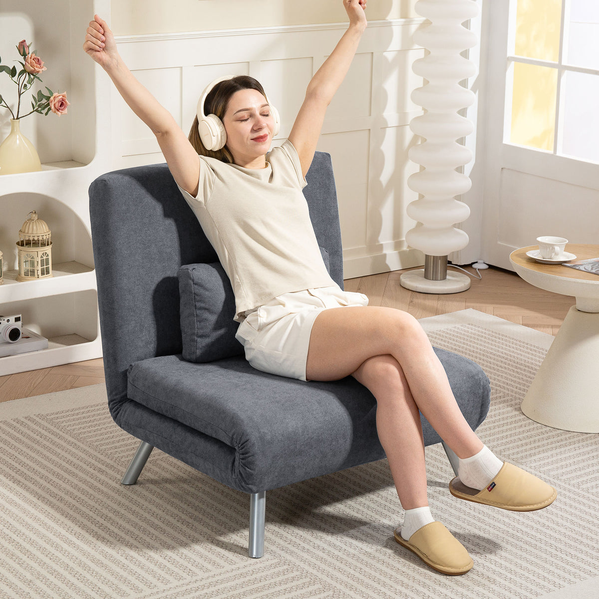 Gestoffeerde fauteuil met slaapfunctie, 3-in-1 ontwerp, slaapfauteuil, logeerbed, stoffen bekleding, met kussen (2)
