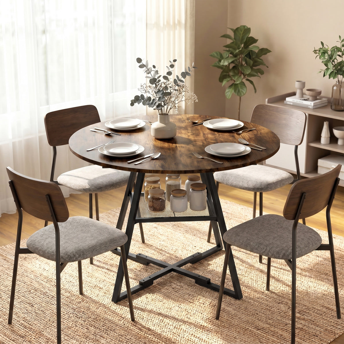 Eettafel voor 4 personen, 100 cm ronde industriële keukentafel met opbergplank, tafelblad in houtlook, rustiek (2)