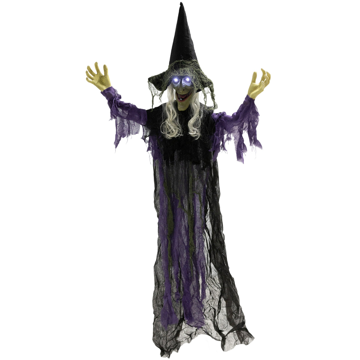 183cm Halloween-decoratie hangende Halloween-heks met ledverlichting, geluidsfunctie, verstelbare armen en mond