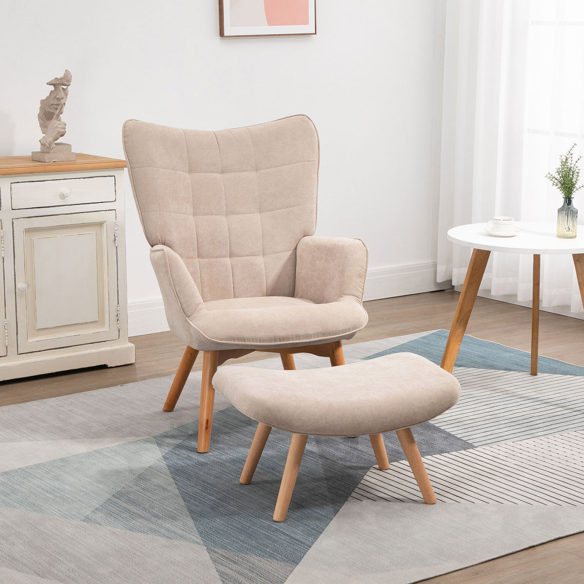 Accentfauteuil met hocker, relaxfauteuil in corduroy-look, armleuningstoel met houten poten, voor woonkamer (2)