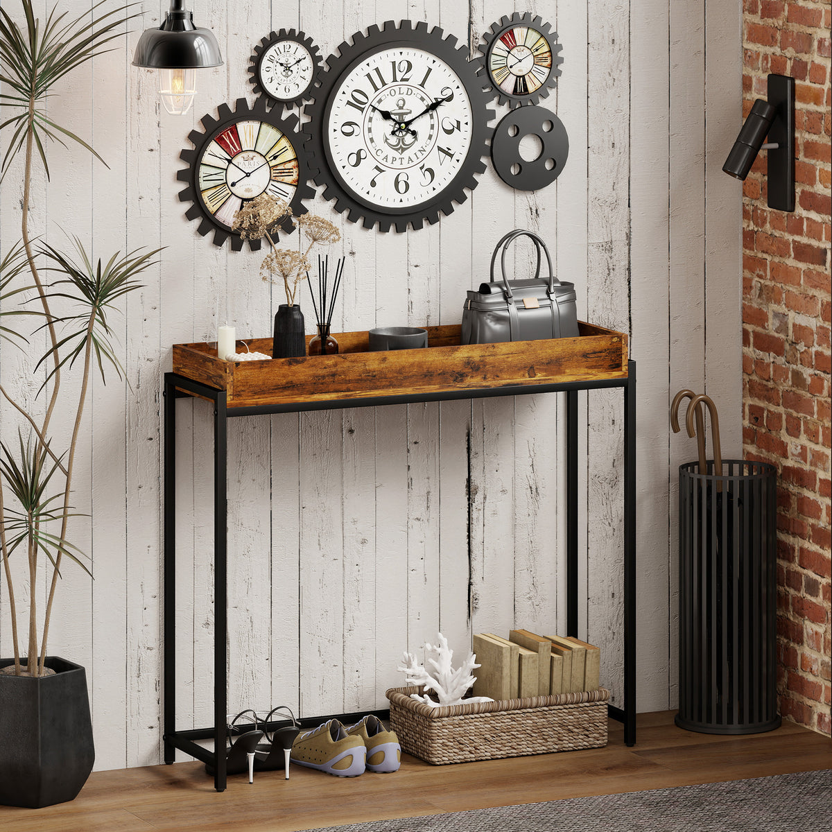 Halftafel, smalle consoletafel, metaal, spaanplaat, rustiek bruin (2)