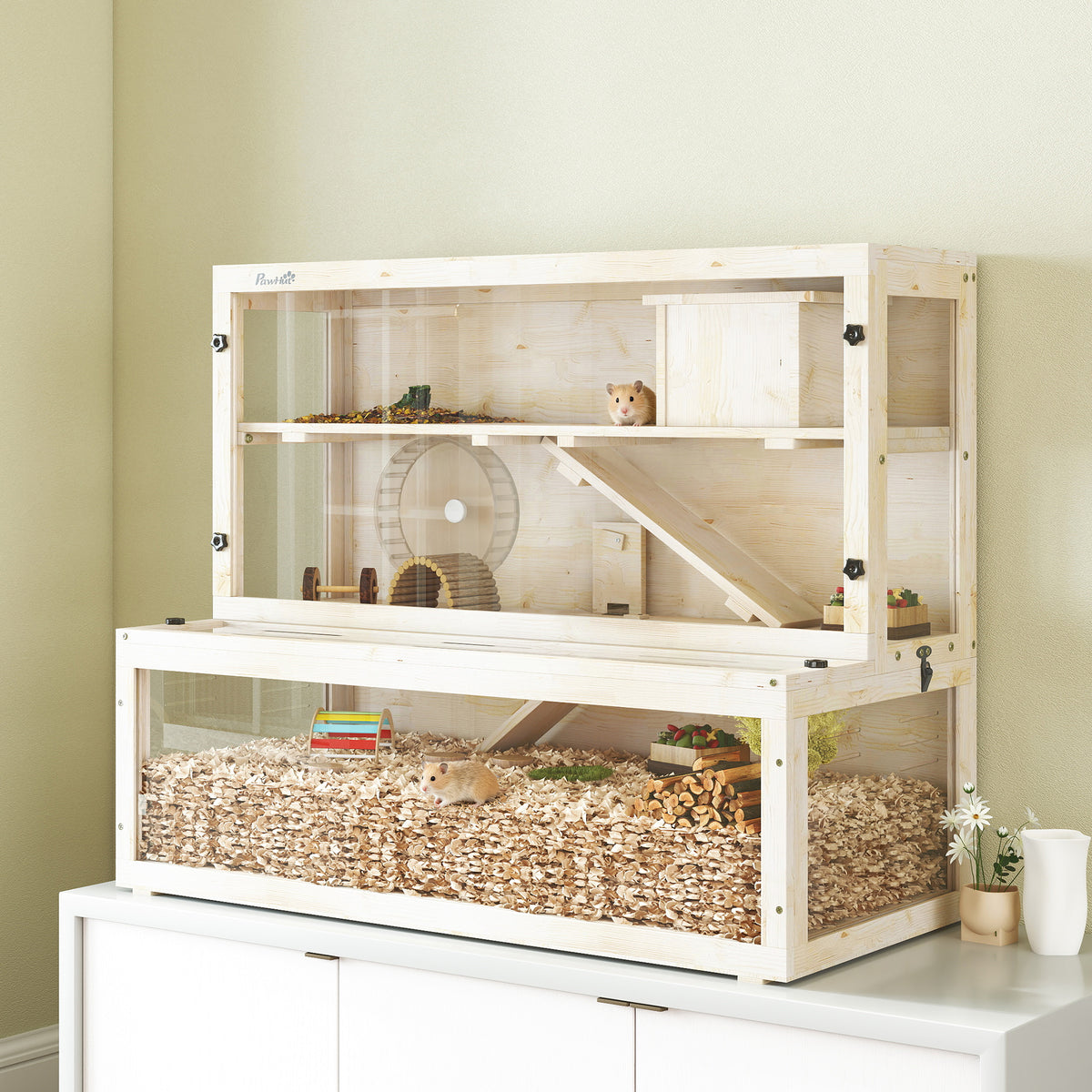 Hamsterkooi, 3 niveaus, huisje, accessoires, 100 x 50 x 84 cm, voor meerdere kleine dieren, hout, kunststof (2)
