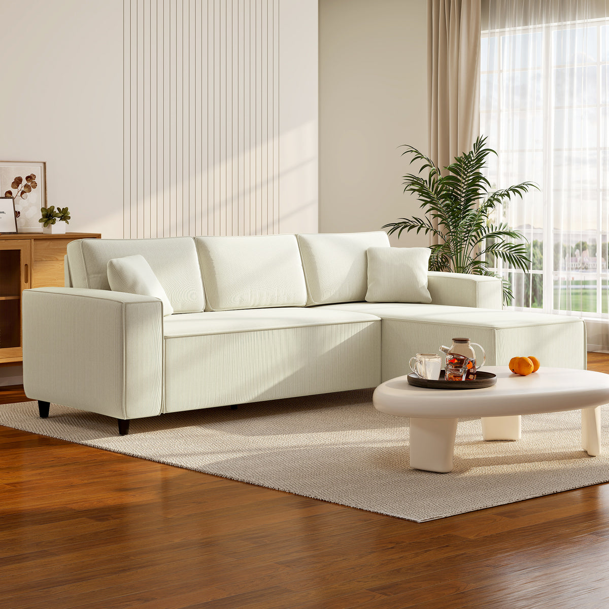 3-zitsbank met chaise longue, woonkamerbank met ribstof, 2 extra kussens, gestoffeerde bank, crèmewit (10)