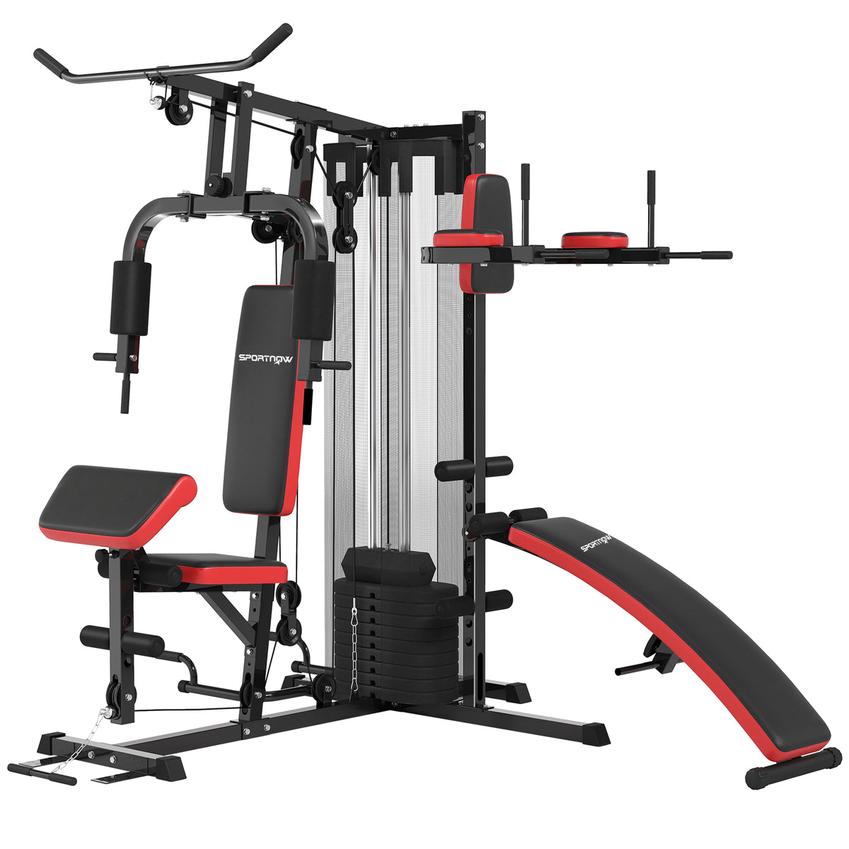 Multifunctioneel trainingsstation met 65 kg gewichtsblok, verstelbaar, voor thuistraining, staal, kunstleer