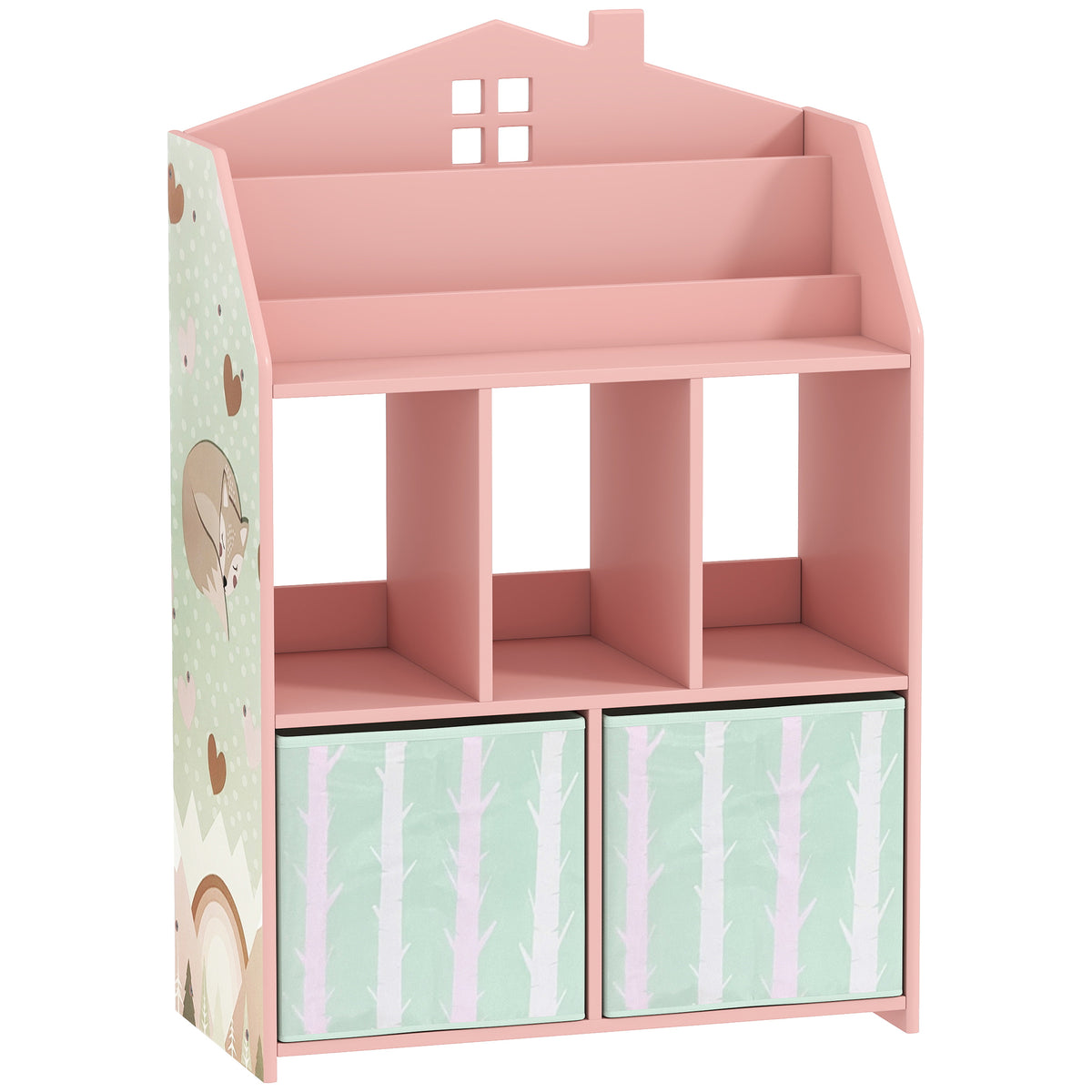 Kinderboekenrek met 2 stoffen lades, open rek voor 3-8 jaar, 62,5x30x91,5 cm, roze