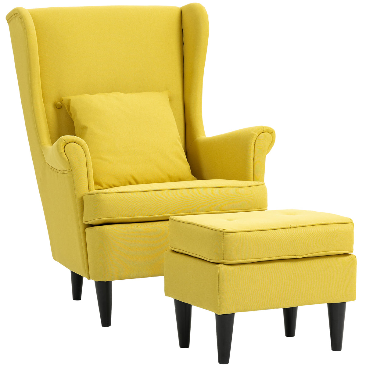 Fauteuil met voetenbank, gestoffeerde stoel met poten van rubberhout, stoffen bekleding, geel