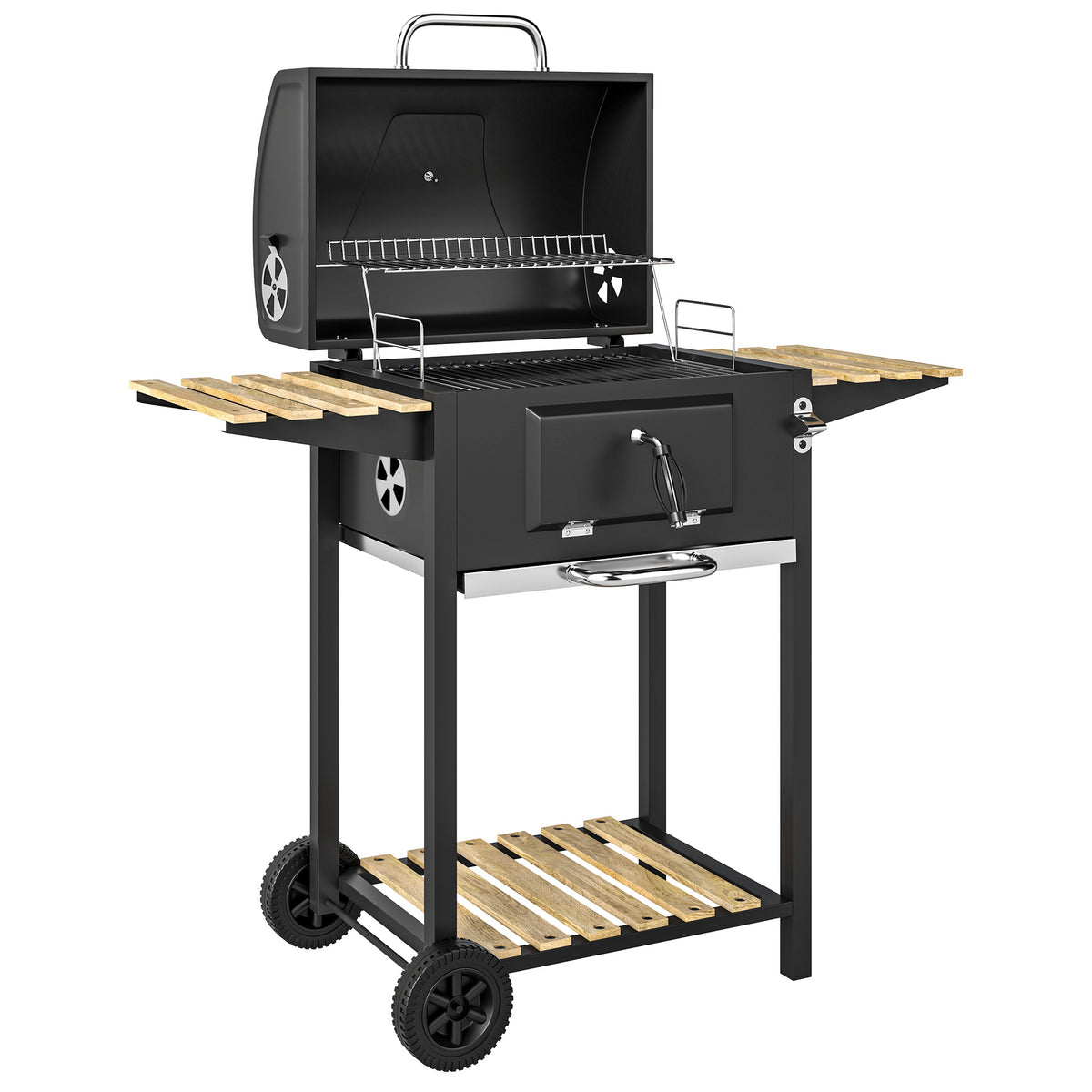 Houtskoolbarbecue, in hoogte verstelbare kolenpan, barbecuekar, legplanken, thermometer, flesopener, staal, hout