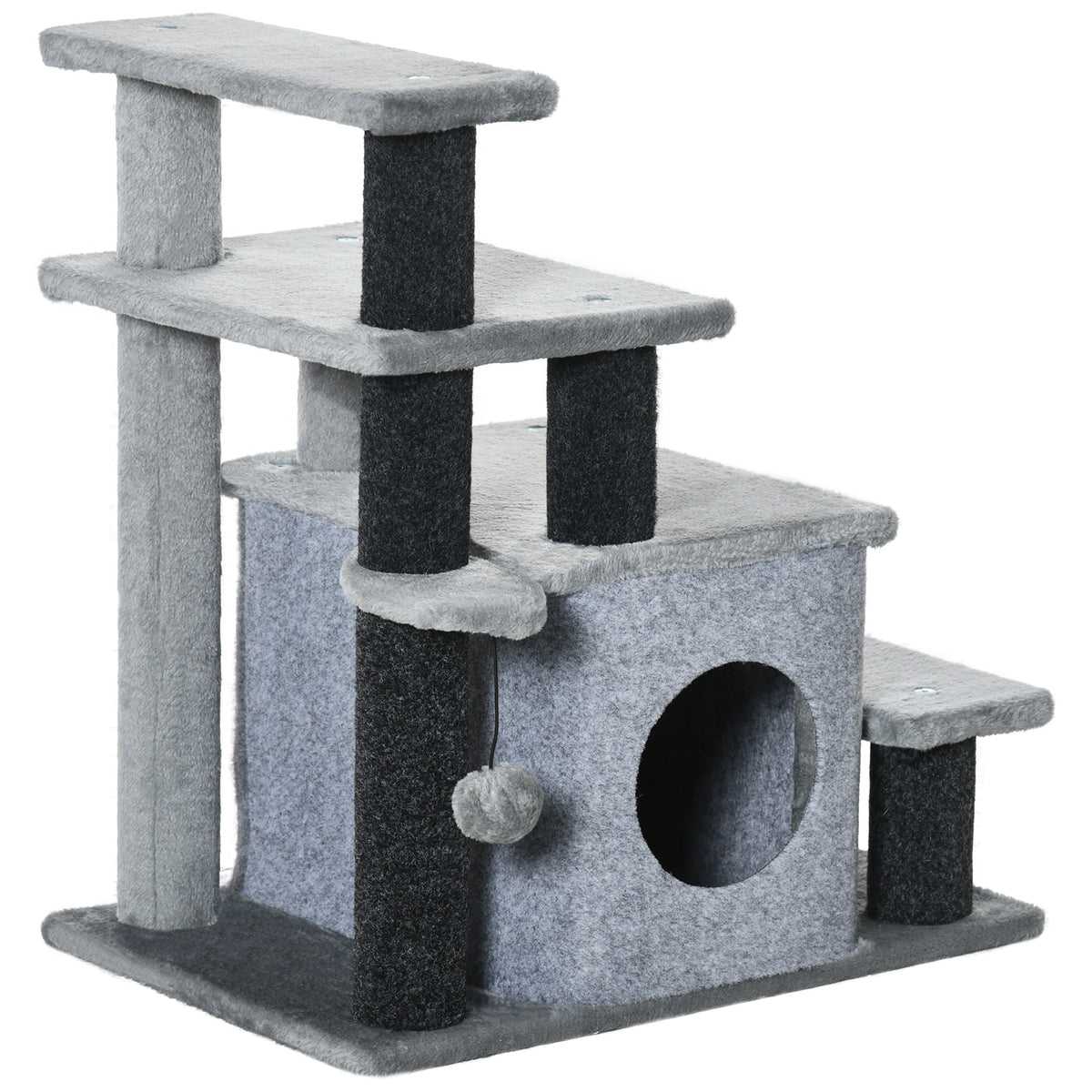 Krabpaal, huisdiertrap, 4 treden, speelbal, huisje, in hoogte verstelbaar, zwart+grijs, 60 x 40 x 66 cm