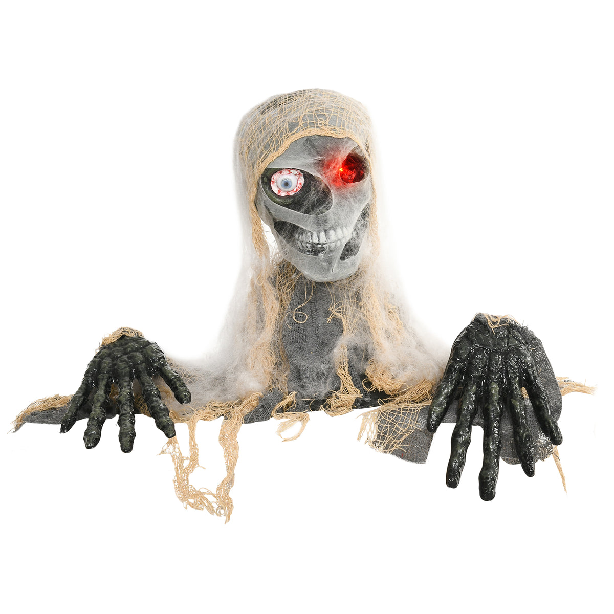 Halloweendecoratie, eenogige mummie, buigzame armen, lichtgevende ogen, griezelig gehuil, 55x18x35 cm