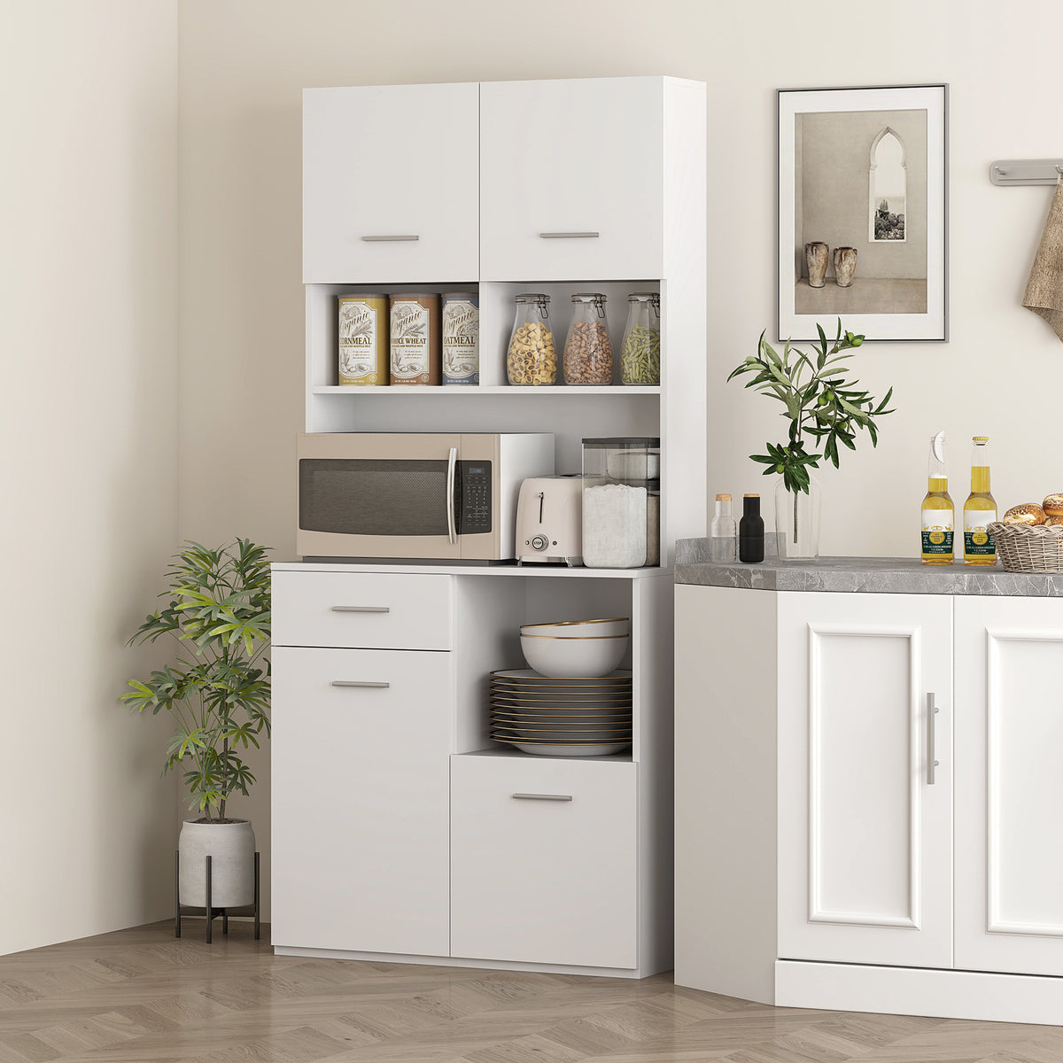 Keukenkast, buffetkast met lade, soft-close deuren, 80 x 35 x 180 cm, wit (2)