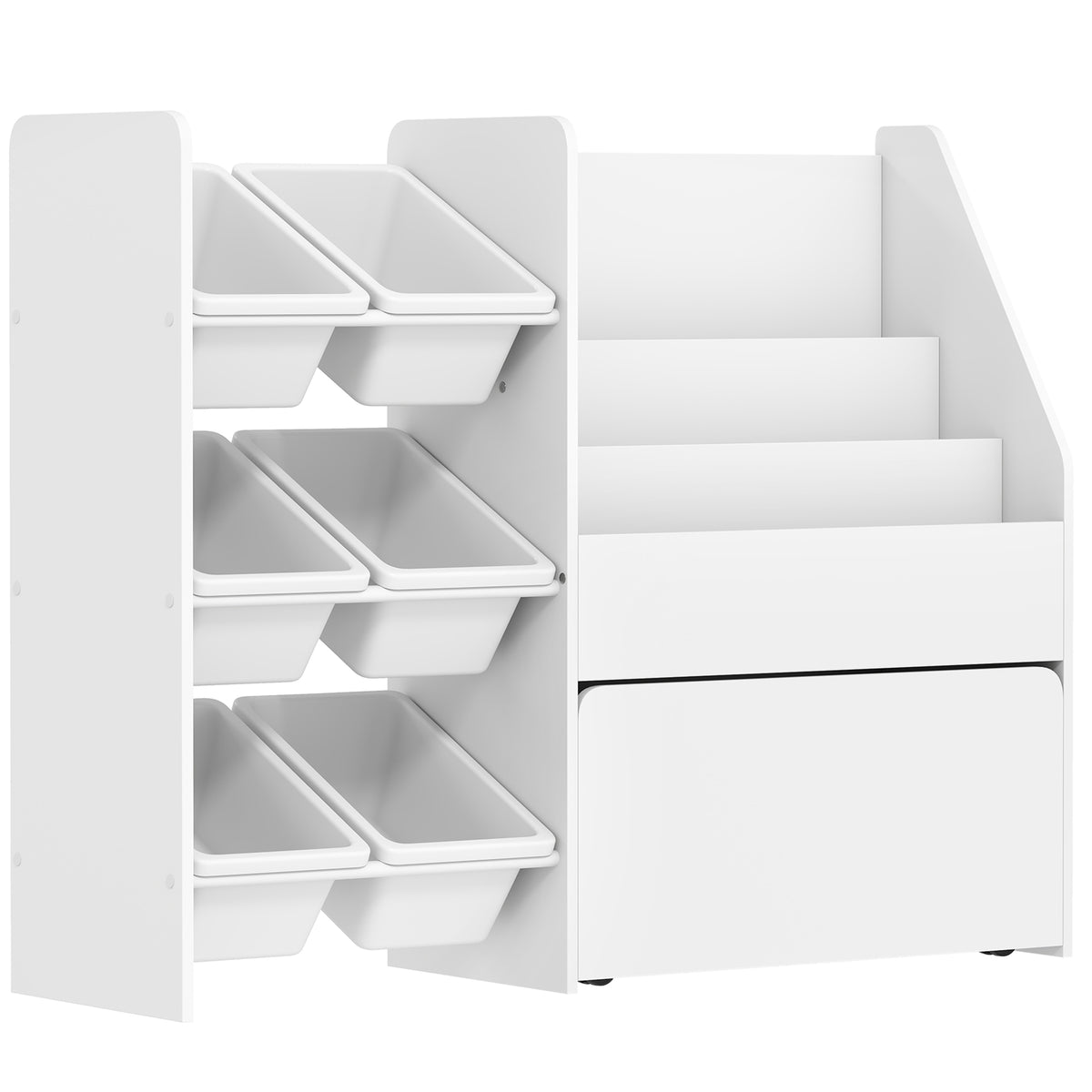 Speelgoedrek, kinderkamerrek met 6 bakken, boekenplank, verrijdbare box, 100 x 30 x 80 cm, MDF, staal, wit