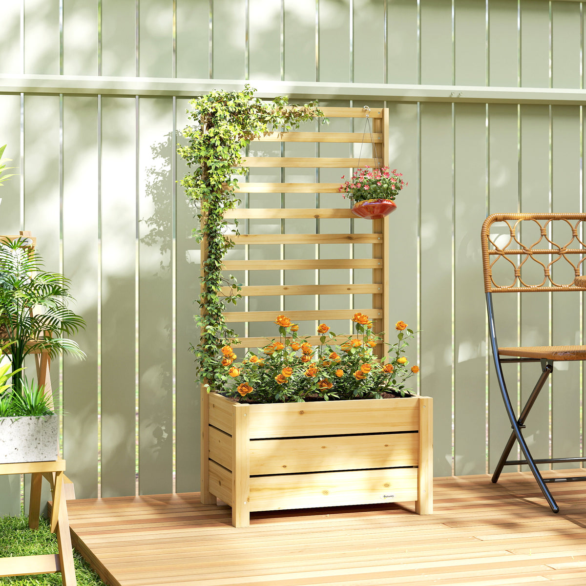 Verhoogd bloembed met klimrek hout, verhoogde plantenbak met latwerk afvoergat vliesstof 60 x 39 x 120 cm (2)