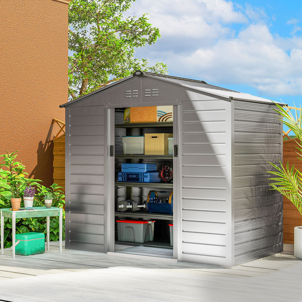 2,43 m² tuinhuis, 213 x 131 x 192 cm gereedschapsschuur met zadeldak, afsluitbare schuifdeur, weerbestendig (2)