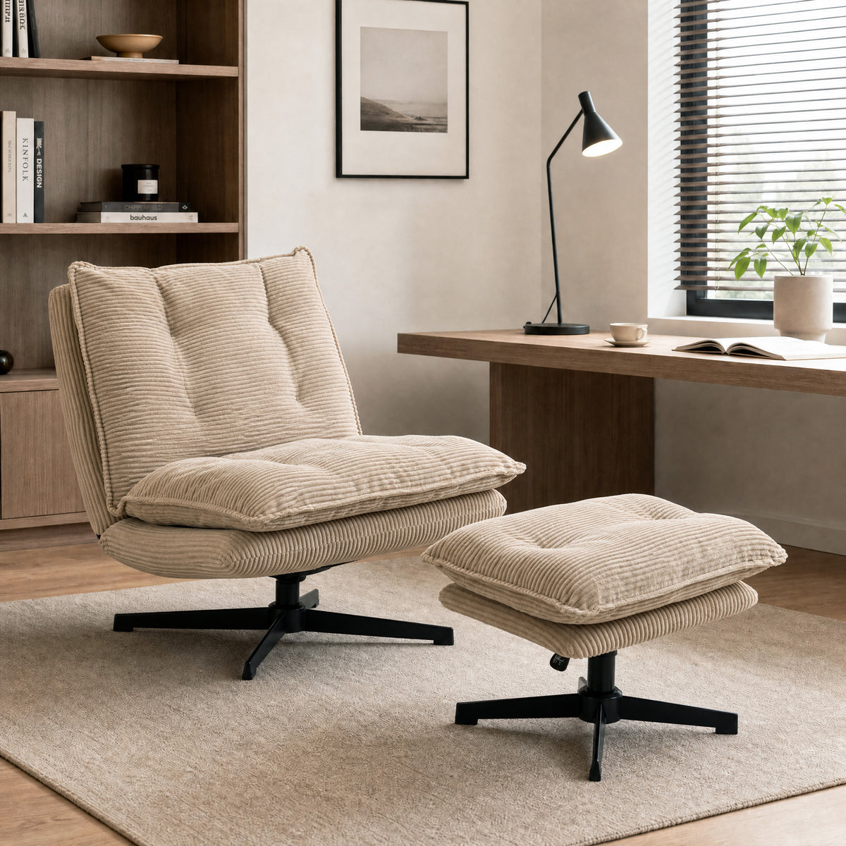 Loungestoel met hocker, 360° draaibaar, ribstof bekleding, in hoogte verstelbare voetsteun, beige (2)