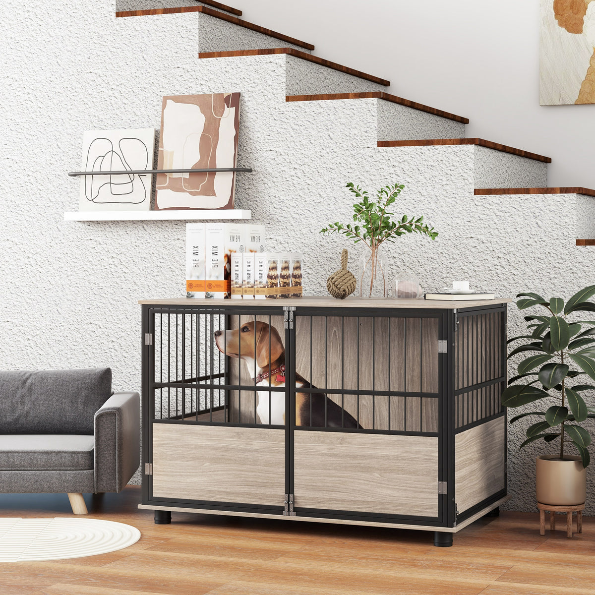 Hondenbench, robuust & stijlvol, 100x60x68cm, notenhout-finish & zwart (2)