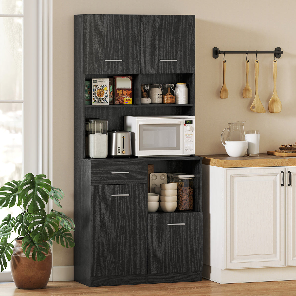 Keukenkast, buffetkast met lade, soft-close deuren, 80 x 35 x 180 cm, zwart (2)