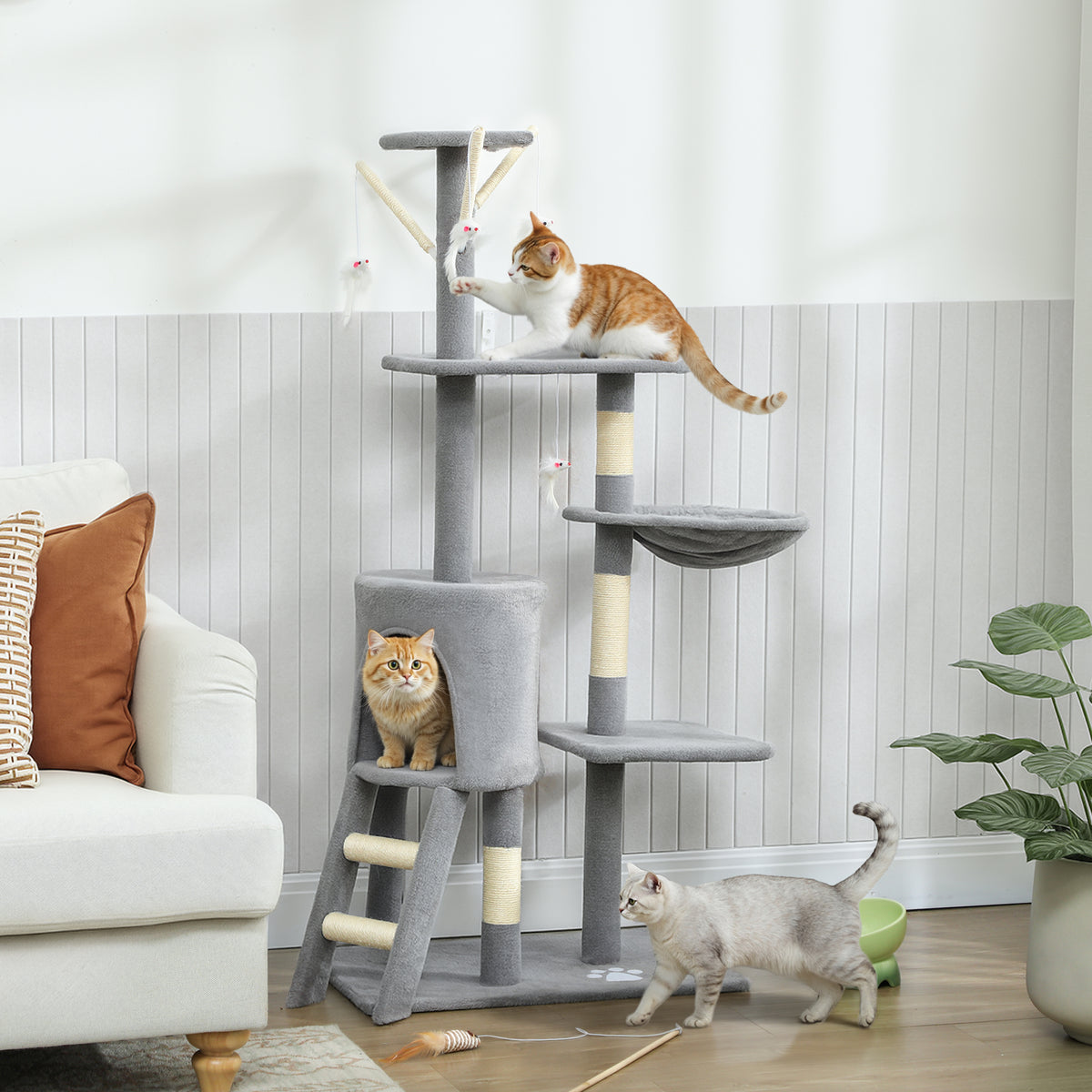 Krabpaal met grot, 4 speeltjes, sisalstammen, groot platform, trap, voor katten onder 5 kg, grijs (2)