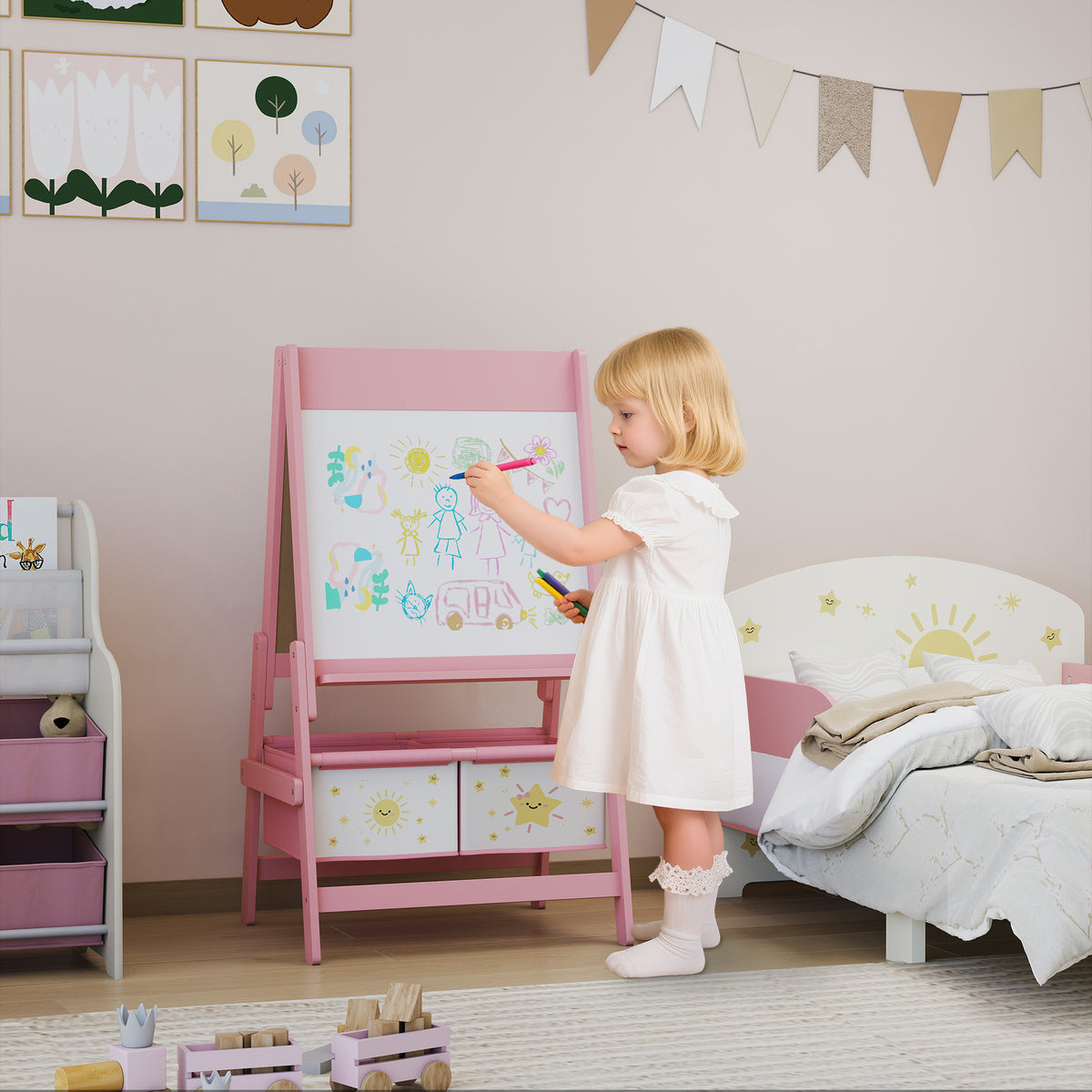 Kinder-ezel 3-in-1 kinderbord met krijtbord, whiteboard, papierrol, 2 opbergdozen, voor 3-8 jaar roze (2)