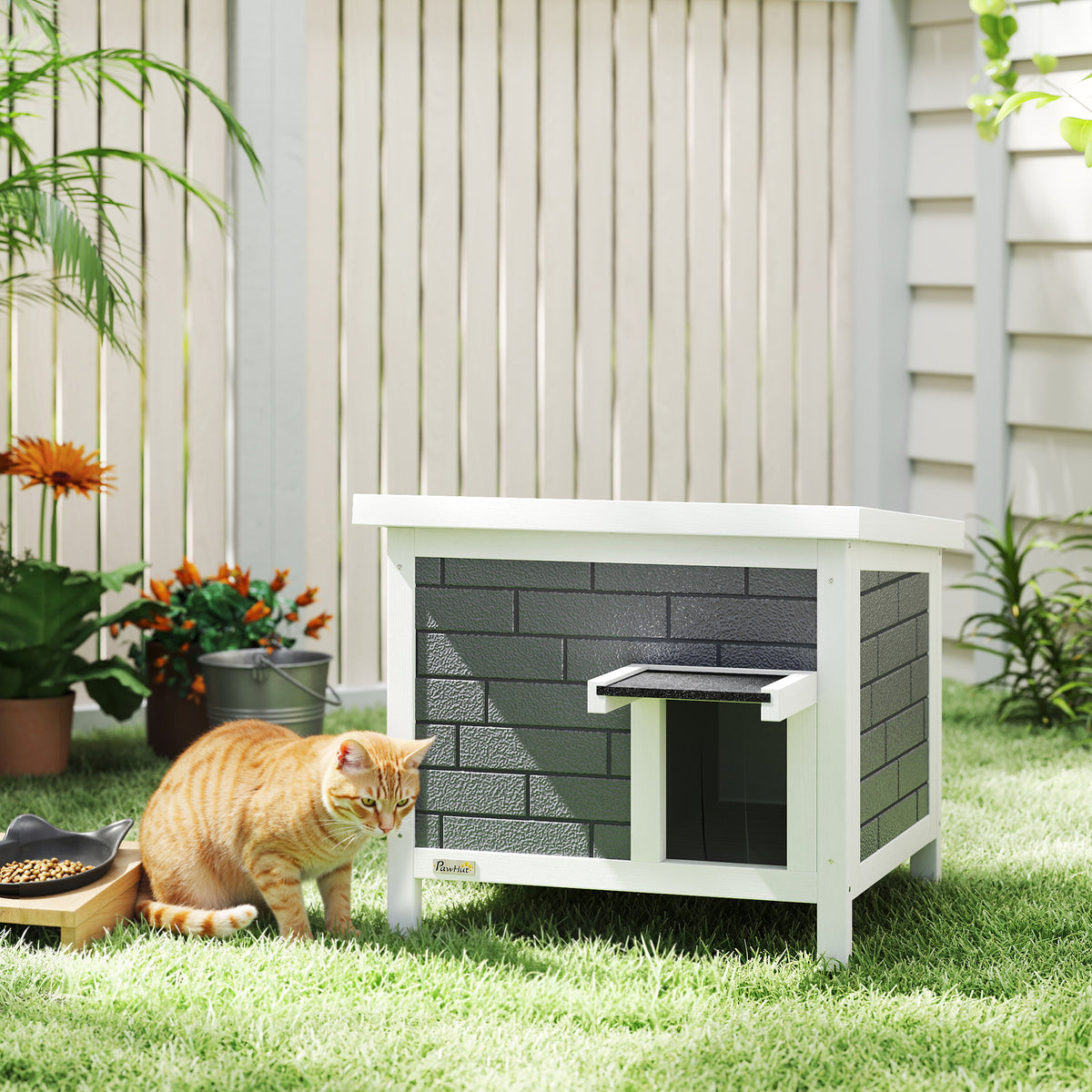 Kattenhuis weerbestendige houten kattenhut met openslaand dak, aluminium isolatieplaten en asfaltdak 61x51x53,5 (2)