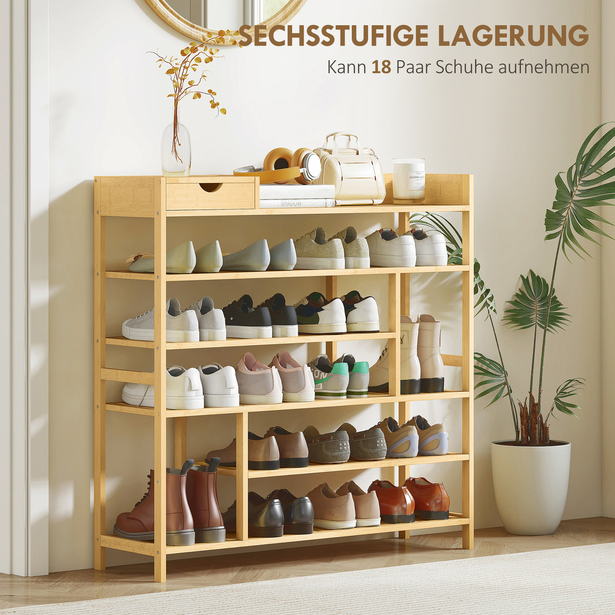 Schoenenrek, schoenenstandaard met 6 niveaus, lade van bamboe, voor max. 18 paar schoenen, schoenenopbergrek (4)