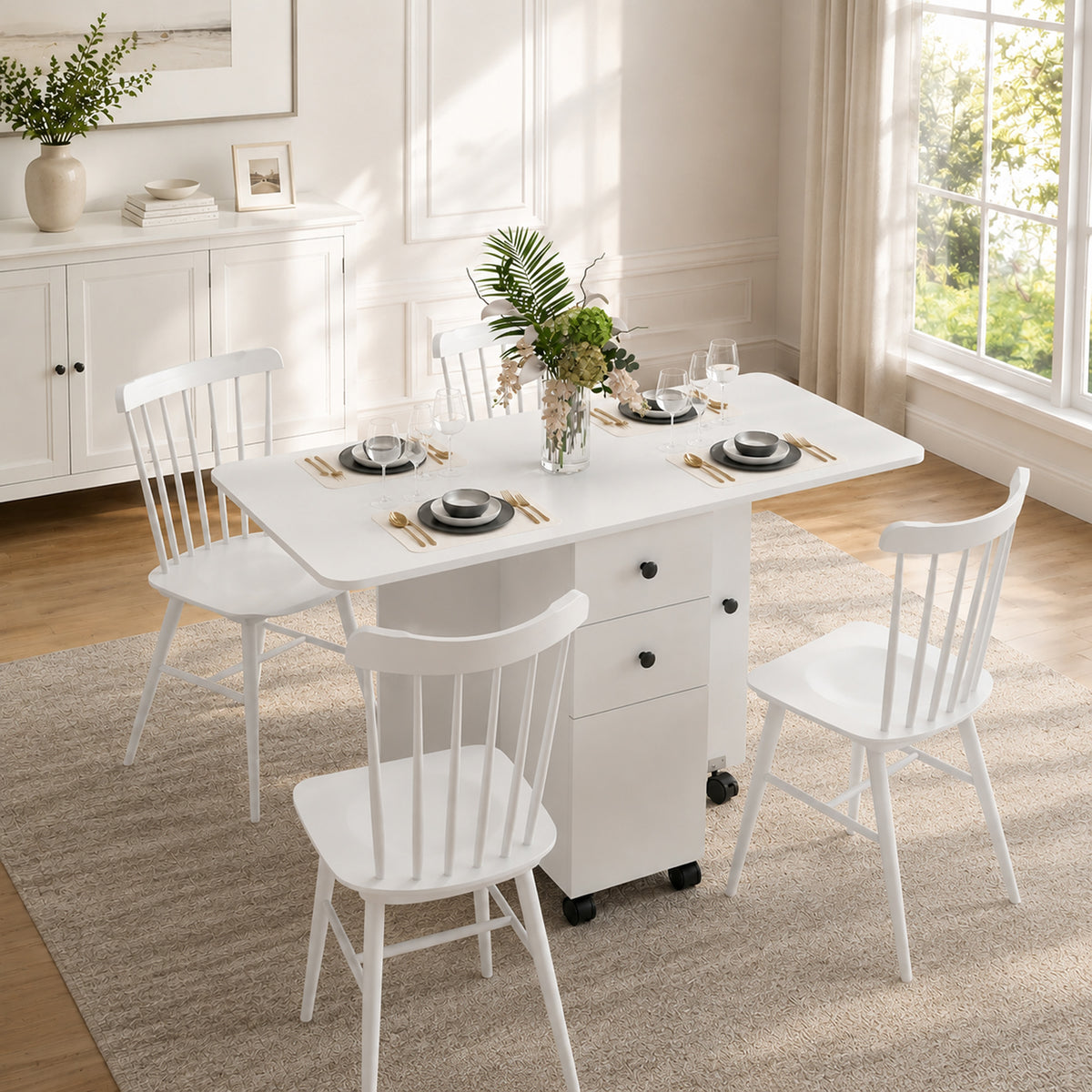Opklapbare eettafel, verrijdbare keukentafel met lades en kastje, wit (2)