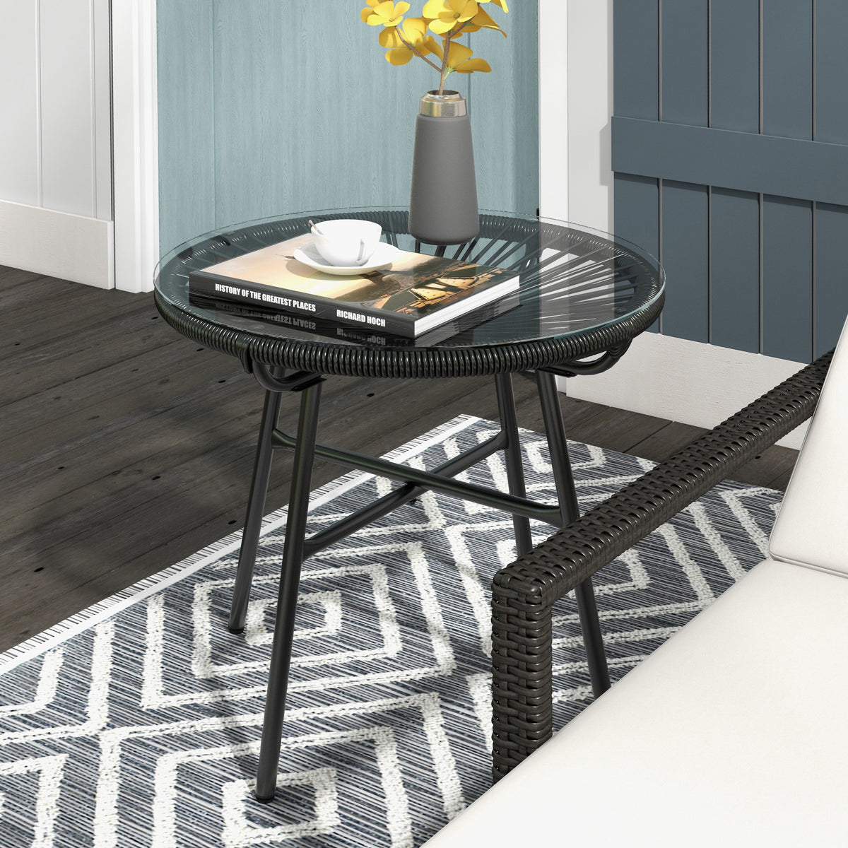 Tuintafel boho-stijl, outdoor bijzettafel, PE-rotan, gehard glas, weerbestendig, 50 cm x 50 cm x 50 cm, zwart (2)